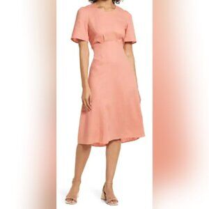 Halogen® Open Back Puff Sleeve Linen Blend Midi Dress